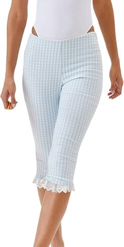 Nufiwi Women Gingham Capri Leggings Lene Knee Lene Y2K Frill Frill Hend Broulmed Slim Fit Capris Pants Yoga تمرين in Saudi Arabia