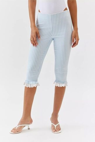 Nufiwi Women Gingham Capri Leggings Lene Knee Lene Y2K Frill Frill Hend Broulmed Slim Fit Capris Pants Yoga تمرين in Saudi Arabia