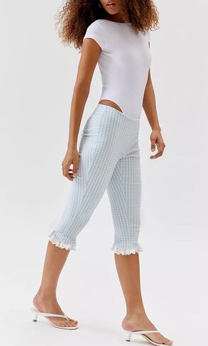 Nufiwi Women Gingham Capri Leggings Lene Knee Lene Y2K Frill Frill Hend Broulmed Slim Fit Capris Pants Yoga تمرين in Saudi Arabia
