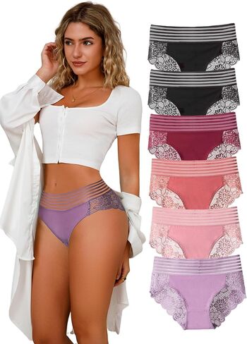 Lace Sexy Undies for Women Stretch Full Coverage Control High Waist Cheeky Top Panties 6 Pack S-4XL in Kuwait