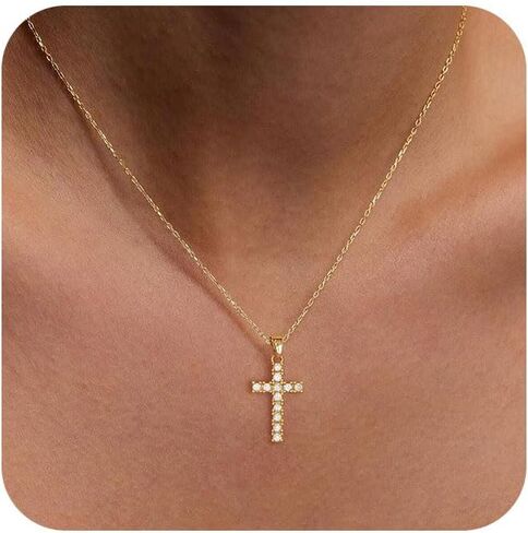 Cross Necklace for Women 14K Real Gold/Silver Plated Dainty Small CZ Cross Pendant Simple Choker Necklace Trendy Cute Sideways Cross Box Chain Necklace Easter Christian Baptism Religious Faith Jewelry Gift in Kuwait