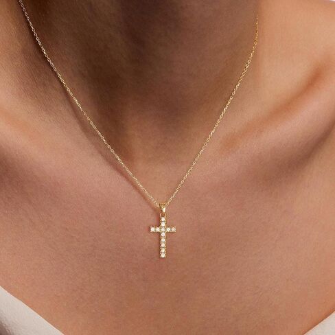 Cross Necklace for Women 14K Real Gold/Silver Plated Dainty Small CZ Cross Pendant Simple Choker Necklace Trendy Cute Sideways Cross Box Chain Necklace Easter Christian Baptism Religious Faith Jewelry Gift in Kuwait
