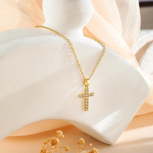 Cross Necklace for Women 14K Real Gold/Silver Plated Dainty Small CZ Cross Pendant Simple Choker Necklace Trendy Cute Sideways Cross Box Chain Necklace Easter Christian Baptism Religious Faith Jewelry Gift in Kuwait