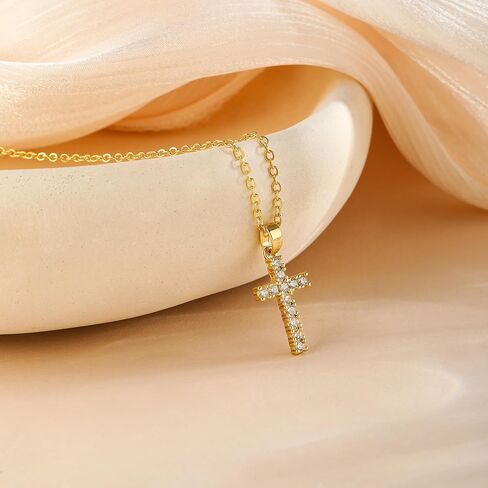 Cross Necklace for Women 14K Real Gold/Silver Plated Dainty Small CZ Cross Pendant Simple Choker Necklace Trendy Cute Sideways Cross Box Chain Necklace Easter Christian Baptism Religious Faith Jewelry Gift in Kuwait