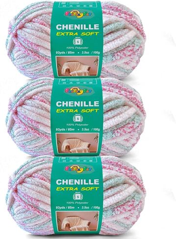 Super Soft Velvet Chenille Yarn for Crocheting and Knitting-Easy to Crochet-Bulky, 3.5oz/93yds of Each Skein-Chunky Plush Yarn for Hand Craft Blanket Ammigurumi DIY (Pastel Rainbow, 3 Pack) in Kuwait