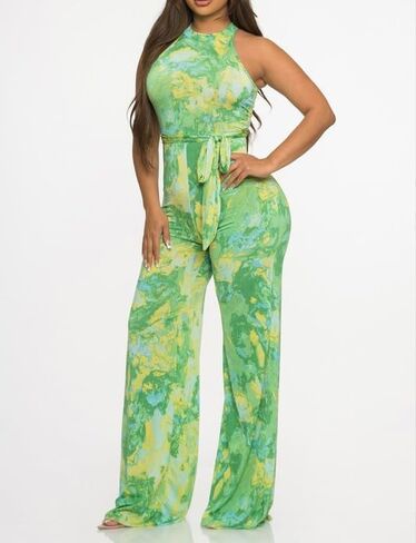 Women's Halter Neck Wide Leg Jumpsuit, Tie Waist, Green Yellow Marble Print in Saudi Arabia