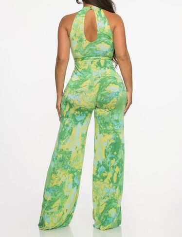 Women's Halter Neck Wide Leg Jumpsuit, Tie Waist, Green Yellow Marble Print in Saudi Arabia