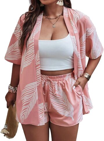 MakeMechic Women's Plus Size Size Boho Outfit Printed Open Front Kimono و Shorts in Saudi Arabia