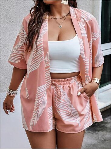 MakeMechic Women's Plus Size Size Boho Outfit Printed Open Front Kimono و Shorts in Saudi Arabia