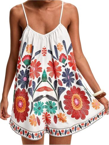 MakeMeChic Women's Summer Short Rompers Boho Floral Backless Wide Leg Jumpsuits in Saudi Arabia