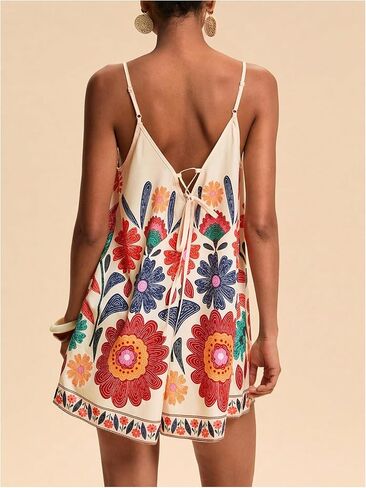 Makemechic Women's Summer Short Rompers Boho Floral Backless Wide Leg Belesuits in Saudi Arabia