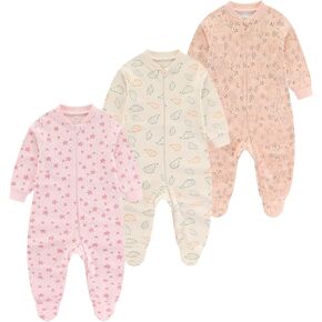 Baby Girls Boys Footed One-Piece Romper Cotton Long Sleeve Jumpsuit Zip Front Footie Romper 0-12 Month