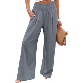 Chatinction Women Linen Palazzo Pants Flowy Wide Leg High Waist Lounge Boho Pant Trousers with Pockets