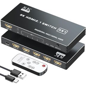 HDMI 2.1 Switch 5x1, 8K HDMI Switch 5 in 1 Out, Support 8K/60Hz 4K/120Hz HDCP 2.3 HDR10, 5-Port HDMI Switcher Selector Box Compatible with PS3/4/5, Fire Stick, DVD, Xbox Switch and Other HDMI Devices
