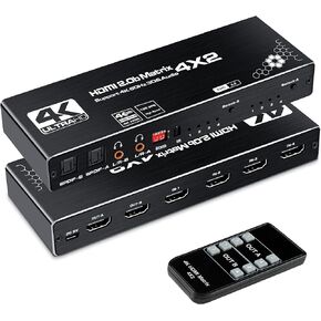 avedio Links 4K@60 هرتز 4x2 HDMI Matrix Switch، HDMI 2.0b Matrix Switch 4 in 2 Out، 4K HDMI Switcher Splitter + مخرج صوت بصري وL/R، قشارة EDID مع جهاز تحكم عن بعد، HDCP2.2، HDR 10