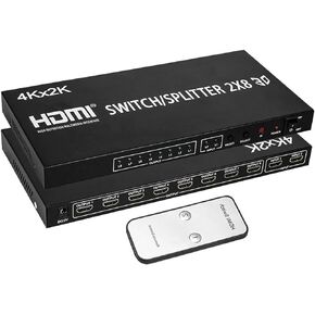 2X8 HDMI Splitter， Full HD 4K Video HDMI Switcher 2x8 Split 2 in 8 Out Dual Display for PS3 Xbox PC to HDTV Monitor Projector with Power