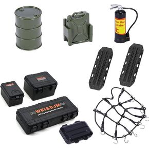 RC Crawler Car Accessories Roof Decoration Set, 10 pcs, Luggage Net, Oil Drum, Recovery Board, Fuel Tank, Fire Extinguisher, Toolboxes for 1/18 1/24 TRX4M SCX24 SCX10 GEN FMS Upgrade Parts