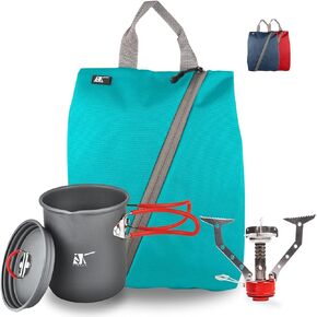 Backpack Cooking Kit Camping Set Ultralight for 1 Person, EX Lite Blue/Turquoise/Red Coffee Pot, Portable Burner Stove, in a Water Resistant Carrying Sack Case. Small Light Compact for Boiling Water Coffee Tea