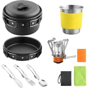 12pcs Camping Cookware Set, Non-Stick Camping Pots and Pans Set with Mini Stove Stainless Steel Utensils, Lightweight, for Camping, Backpacking, Outdoor Cooking, Camping Mess Kit for 1-2