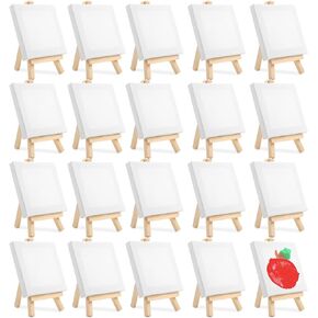 Mini Canvases,20 Pack Small Painting Canvas Small Stretched Painting Canvas Art Canvases Painting, Wood Display Easel for Kids Painting (4 x 4 Inches)