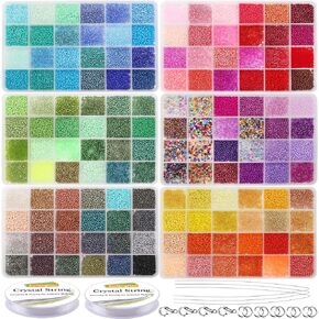 EuTengHao 57600pcs 2mm Glass Seed Beads Small Craft Beads for DIY Bracelet Necklaces Crafting Jewelry Making Supplies with Beading Needles Elastic Strings (144 Colors, 400Pcs Per Color)