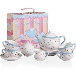Sweejar Porcelain Tea Set for Little Girls,Kitchen Toys Tea Party Set for Kids Toddler Kitchen Pretend Toy Include Children Teapot, Cup & Saucer Set of 4, Sugar Bowl and Cream Pitcher(Pink Polka Dot)