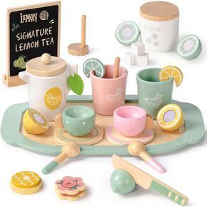 Toysaa Wooden Tea Party Set for Little Girls Toys Toddler Tea Set with Play Kitchen Accessories & Lemonade Stand & Black Board, Wooden Toys for Toddlers Aged 2 3 4 5 6, Birthday Kids Girls Gifts 3+