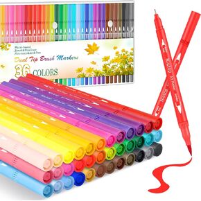 36 Colors Fine & Brush Tip Coloring Marker Pens, Doodle Art Markers for Adult Coloring Books, Calligraphy Journaling, Art Supplies for Girls Ages 8-12, Kids Art Set, Easter Basket Stuffers