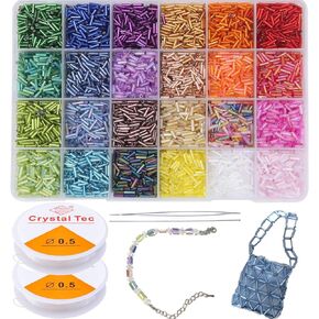GTAAOY 9600pcs Tube Beads Kit, Glass Bugle Seed Beads for Jewelry Making, Small Craft Beads for DIY Bracelet Necklaces Craft Making with Two Crystal String (7mm/24 Colors)