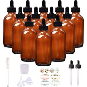 12 Pack 4oz Amber Glass Bottles with Glass Eye Droppers for Essential Oils, Perfumes & Lab Chemicals (1 Brush, 2 Funnels, 2 Extra Droppers, 24 Pieces Labels & 30ml Measuring Cup Included)
