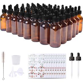 48 Pack 2oz Amber Glass Bottles with Glass Eye Droppers for Essential Oils, Perfumes & Lab Chemicals (Brush, Funnels, 2 Extra Droppers, 54 Pieces Labels & 30ml Measuring Cup Included)