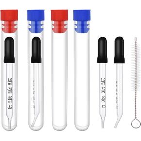 4pcs 1ml Dropper, Eye Dropper Glass with Measurements Bent & Straight Tip, Calibrated Pipettes Dropper with Rubber Head Liquid Accurate Dropper for Essential Oils, Ear, Laboratory, with Brush