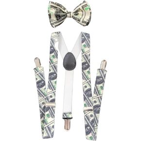 MENS WOMENS FASHION MONEY 100 DOLLAR BILL PRE-TIED BOW TIE AND MATCHING SUSPENDERS SET