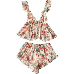 Verdusa Women's 2 Piece Floral Print Mesh Ruffled Peplum Cami Top and Shorts Pajama Sets