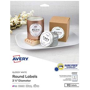 Avery Round Labels for Laser & Inkjet Printers, 2.5", 90 Glossy White Labels (22830) & Printable Round Labels with Sure Feed, 2" Diameter, Matte White, 300 Customizable Labels (22877)