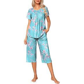 Ekouaer Pajama Set for Women 2 Piece Capri Pants Short Sleeve Sleepwear Soft Pjs Loungewear with Pockets S-3XL