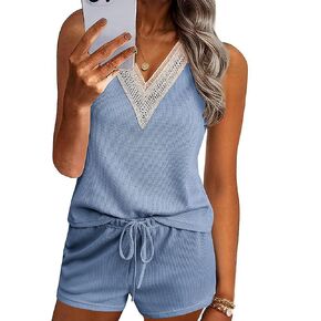 Ekouaer Pajama Sets for Women 2 Piece Tank Top and Shorts Waffle Knit Lounge Set with Lace V-neck PJ Loungewear
