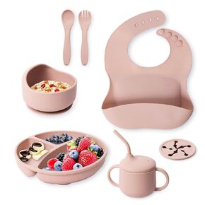 Silicone Baby Feeding Supplies Set 7 Pcs Beige, Baby Led Weaning Supplies with Suction Divided Plate, Baby Suction Bowl, Sip and Snack Cup, Spoon, Fork, Food Catcher Bib | Baby feeding essentials