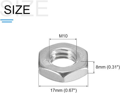 صواميل سداسية (M10x1mm) 10 قطع، 304 من الفولاذ المقاوم للصدأ متري بخيط سداسي رفيع - لآلات إصلاح المنزل بنفسك، فضي in Kuwait