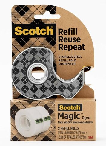 Scotch Stainless Steel Refillable Dispenser and 2 Rolls of Scotch Magic Tape with 66% Plant Based Adhesive, 0.75 in. x 550 in, Invisible Tape, Oﬃce Supplies and School Supplies in Saudi Arabia