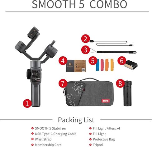 Zhiyun Smooth 5 Combo Gimbal Stabilizer for Smartphone, 3-Axis Portable Android and iPhone Gimbal Stabilizer with Tripod, LED Fill Light & Carrying Bag for Video Recording, Vlogging, YouTube, TikTok in Saudi Arabia