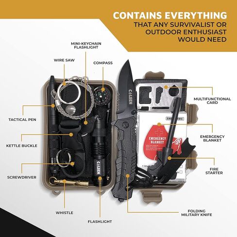 كولسن 13 في 1 مجموعة النجاة | الأدوات التكتيكية الخارجية الاحترافية | لوازم معدات الأدوات والعتاد | الملحقات الأساسية للمشي لمسافات طويلة والتخييم ومغامرات التسلق | هدايا له الزوج صديقها الرجال in Kuwait