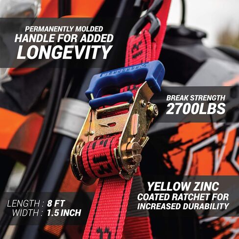 Loadfast Ratchet Tie Down Straps For Motorcycles | New Zealand Made Motorcycle Tie Down 1.5" x 8" Heavy Duty Dirt Bike Tie Down Straps with Soft Loop & Swivel Carabiner | 3,000lbs (2 Pack) Black Color in Saudi Arabia