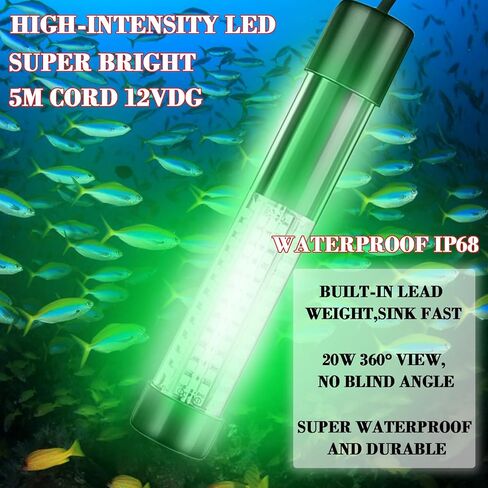 LED Night Fishing Light 12V 20W 108 LEDs IP68 Underwater Fishing Light, 1300 Lumens Green Submersible Fish Attracting Light with 5M Power Cord in Kuwait