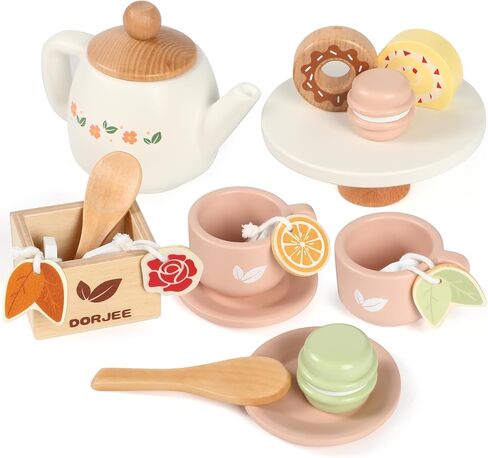 Wooden Tea Set for Little Girls, Wooden Toys Toddler Tea Set Play Kitchen Accessories for Kids Tea Party with Play Food for Kid Age 3+ Gift in Kuwait