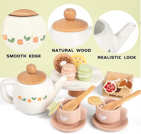 Wooden Tea Set for Little Girls, Wooden Toys Toddler Tea Set Play Kitchen Accessories for Kids Tea Party with Play Food for Kid Age 3+ Gift in Kuwait