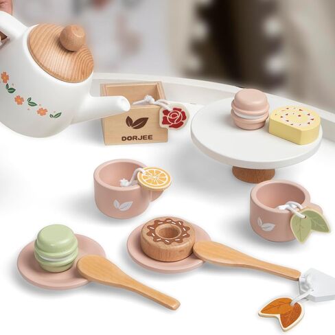 Wooden Tea Set for Little Girls, Wooden Toys Toddler Tea Set Play Kitchen Accessories for Kids Tea Party with Play Food for Kid Age 3+ Gift in Kuwait