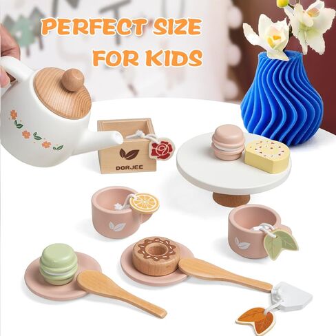 Wooden Tea Set for Little Girls, Wooden Toys Toddler Tea Set Play Kitchen Accessories for Kids Tea Party with Play Food for Kid Age 3+ Gift in Kuwait