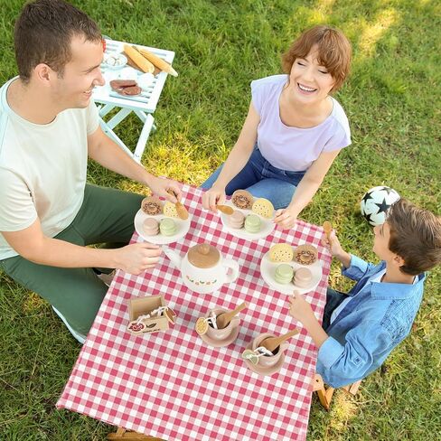 Wooden Tea Set for Little Girls, Wooden Toys Toddler Tea Set Play Kitchen Accessories for Kids Tea Party with Play Food for Kid Age 3+ Gift in Kuwait