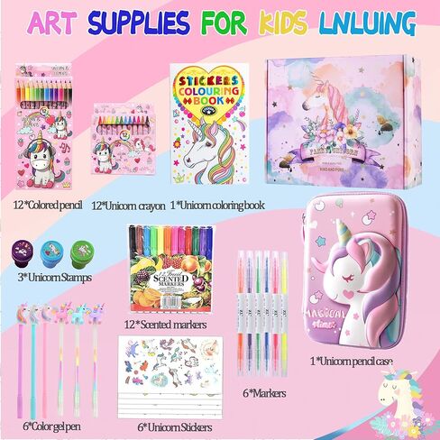 مجموعة أقلام تحديد معطرة بالفواكه، 56 قطعة من اللوازم الفنية للأطفال هدايا وحيد القرن للفتيات، مجموعة أقلام تحديد مع مقلمة يونيكورن لوازم فنية للأطفال تلوين الأعمال الفنية والحرفية (وردي) in Kuwait
